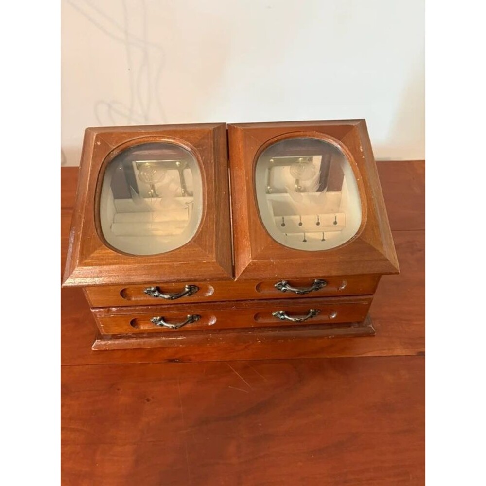 Vintage Wood Jewelry Box Double Etched Glass Rose Lids